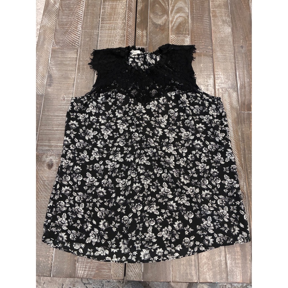 Maurices Black Floral Sleeveless Blouse with Lace Yoke and High Neck Size L